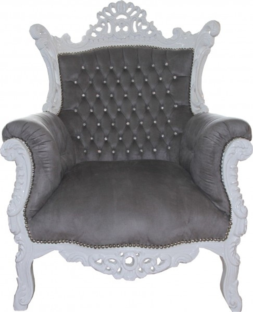 Barock Sessel Al Capone Grau / Weiß mit Glitzersteinen