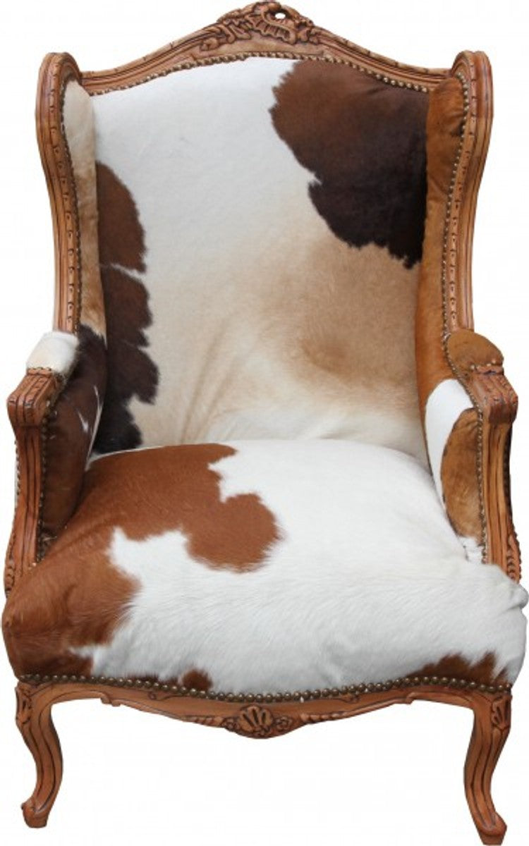 Barock Lounge Thron Sessel Kuhfell Mod2 - Ohren Sessel - Ohrensessel Tron Stuhl - Unikat!