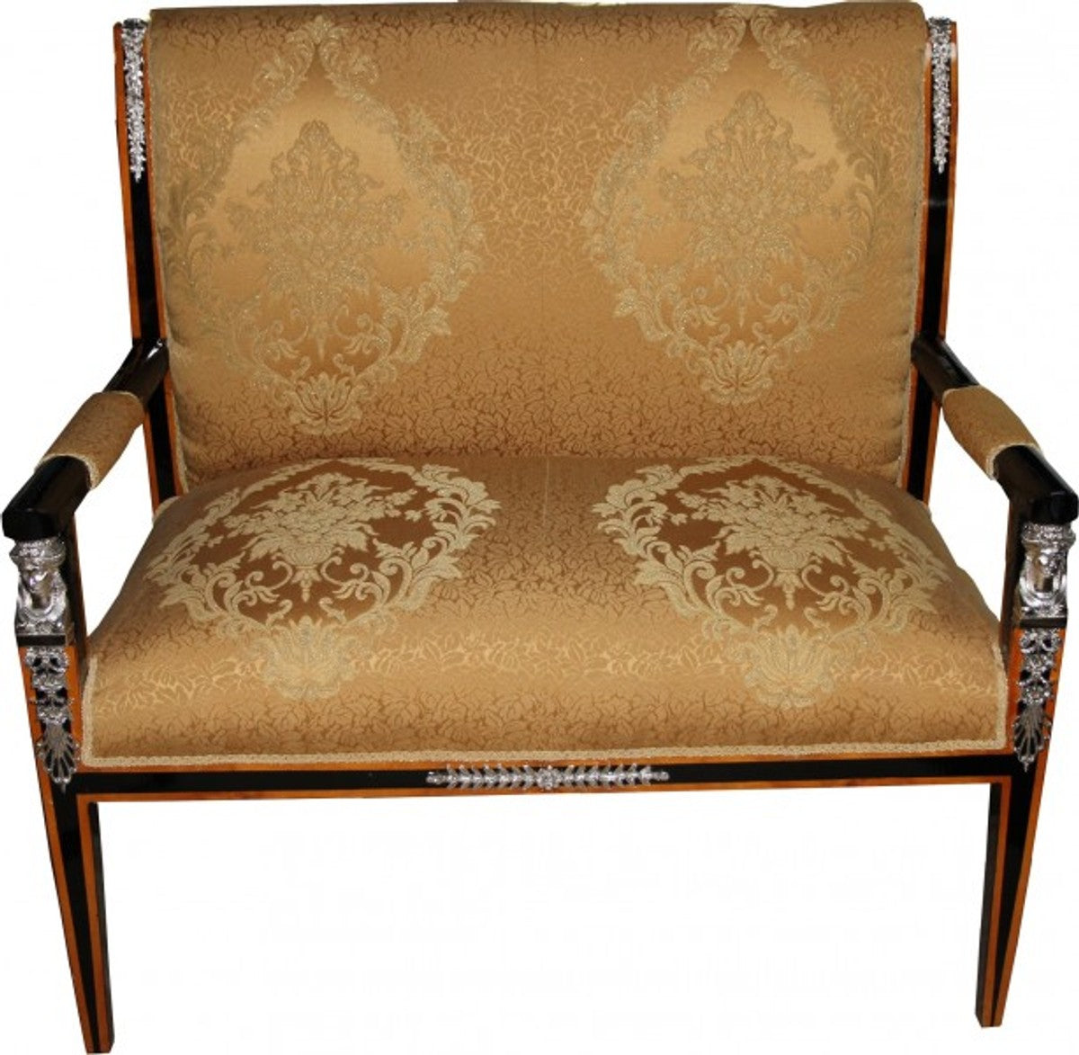 Barock Empire Salon 4-er Set Gold Muster / Schwarz / Mahagoni / Silber - Sitzbank + 2 Sessel + Couchtisch