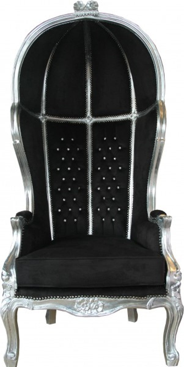 Barock Thron Sessel Victory Schwarz / Silber mit Bling Bling Glitzersteinen - Balloon Chair - Thron Stuhl Tron