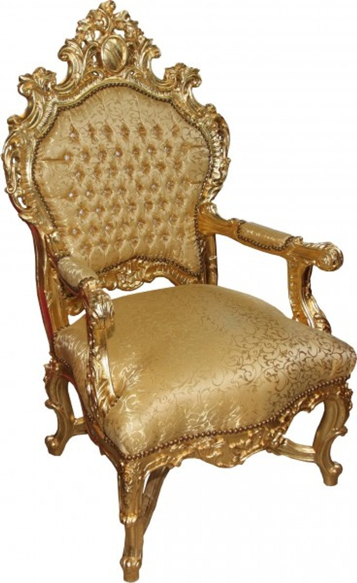 Barock Luxus Thron Sessel Gold Muster/Gold mit Bling Bling Glitzersteinen - Unikat - Barock Möbel Thron Königssessel - Limited Edition