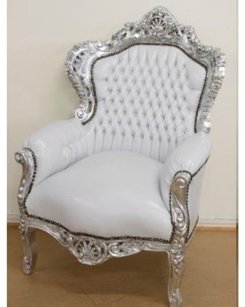 Barock Sofa Garnitur Weiß Lederoptik / Silber + 2 Sessel - Wohnzimmer Barock