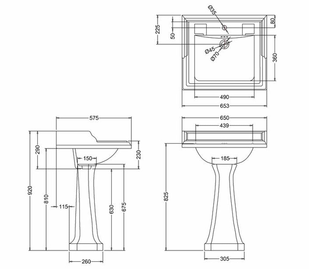 Art Deco Waschbecken mit Sockel 65 x 57,5 x H. 92 cm - Luxus Hotel Kollektion