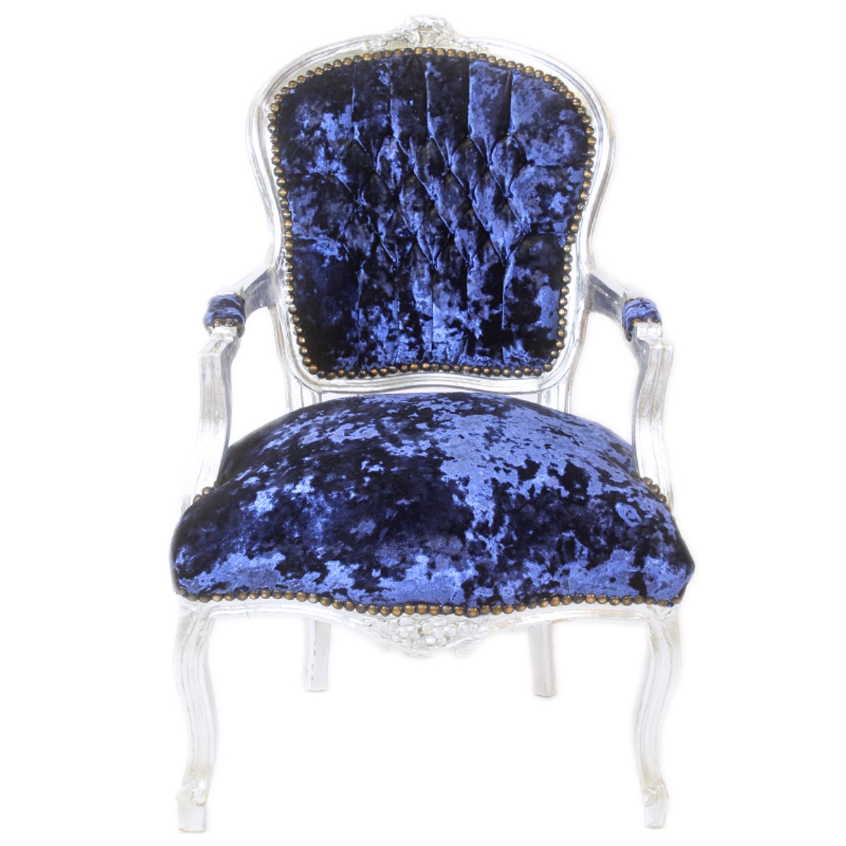 Barock Salon Stuhl Royalblau Velour Stoff / Silber - Antik Design Möbel