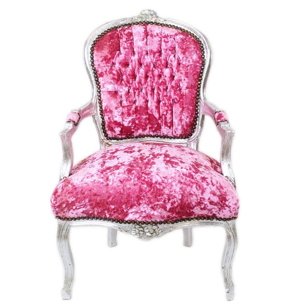Barock Salon Stuhl Pink Velour Stoff / Silber - Antik Design Möbel