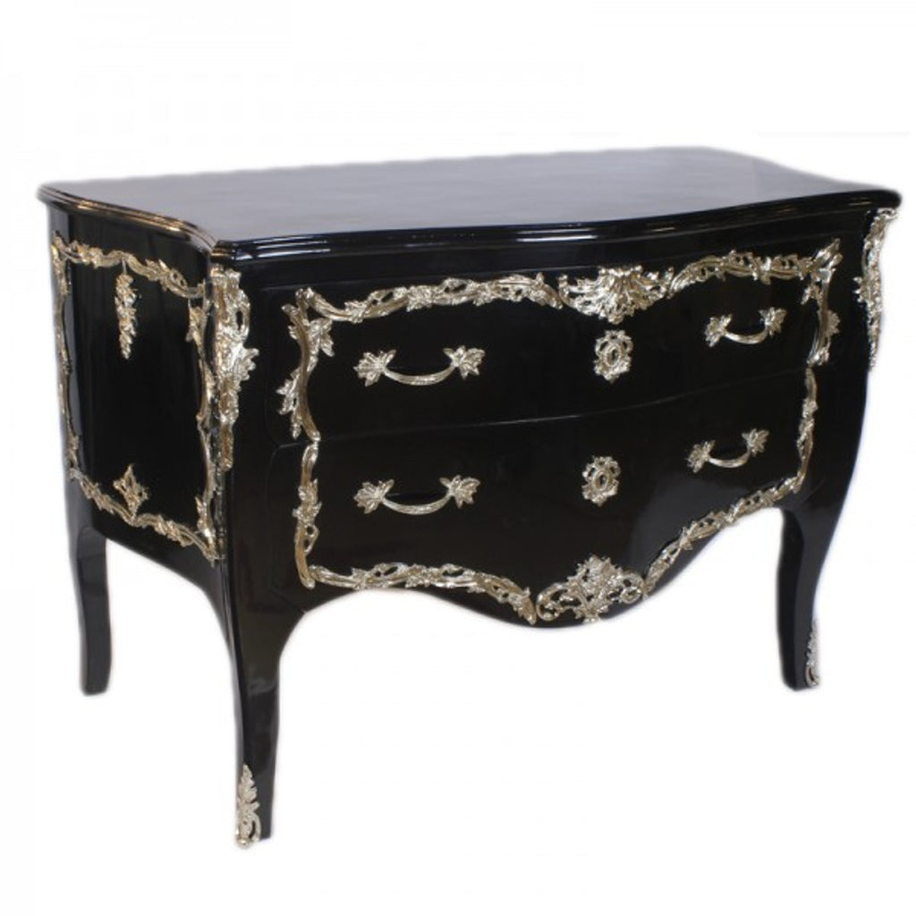 Barock Kommode Schwarz Hochglanz / Silber 130 cm - Handgefertigt aus Massivholz