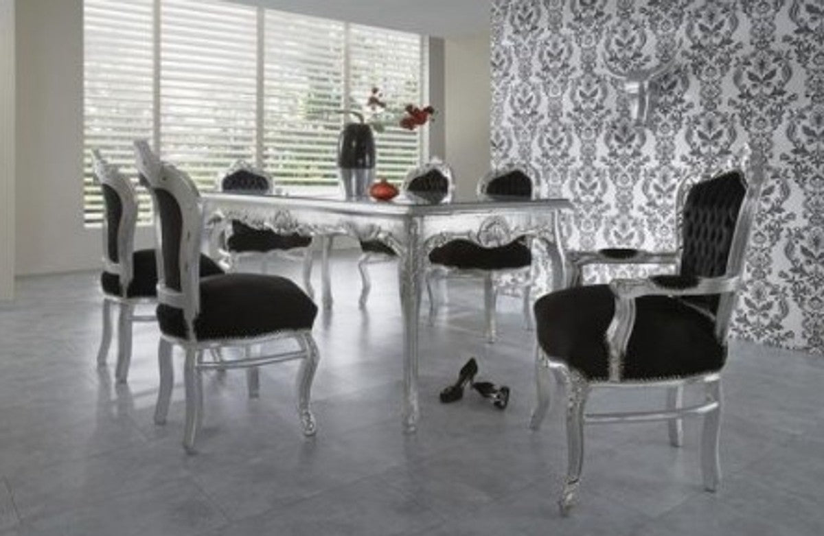 Barock Esszimmer Set Schwarz/Silber/Silber - Esstisch + 6 Stühle