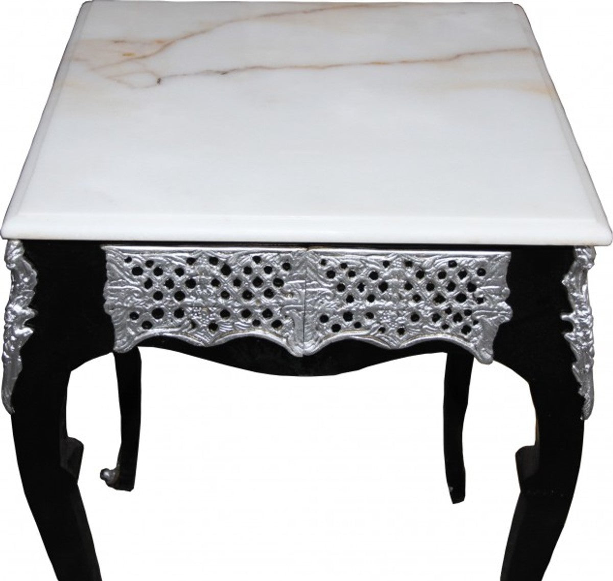 Barock Beistelltisch mit Marmorplatte Höhe 80 cm, Breite 55 cm, Schwarz / Weiss / Silber - Antik Stil