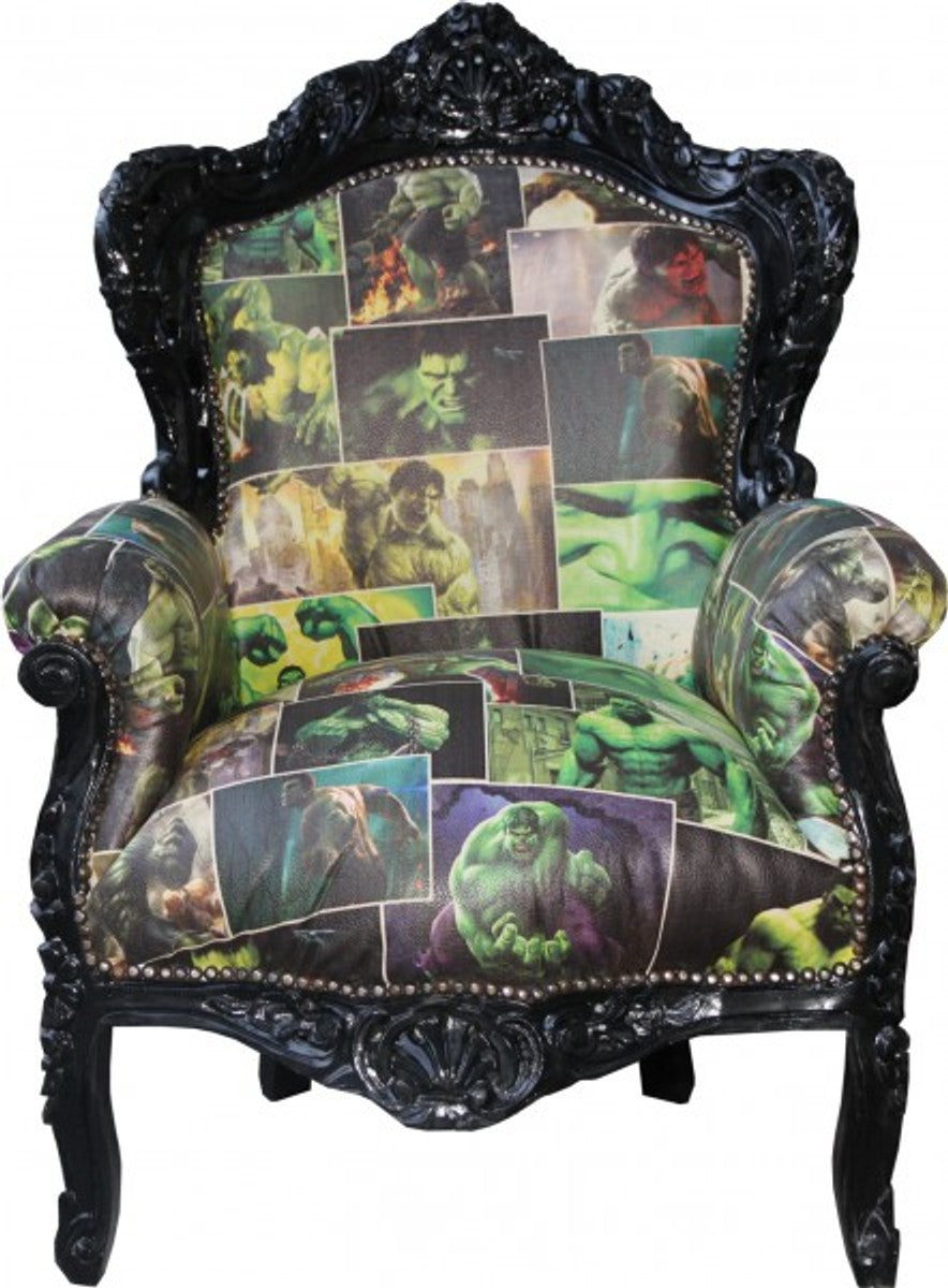 Barock Sessel King Comic Design / Schwarz Lederoptik Möbel Antik Stil - Limited Edition!