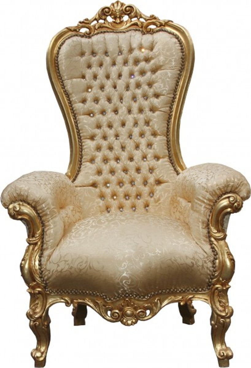 Barock Thron Sessel Majestic Medium Gold Muster / Gold mit Bling Bling Glitzersteinen - Riesensessel - Thron Stuhl Tron